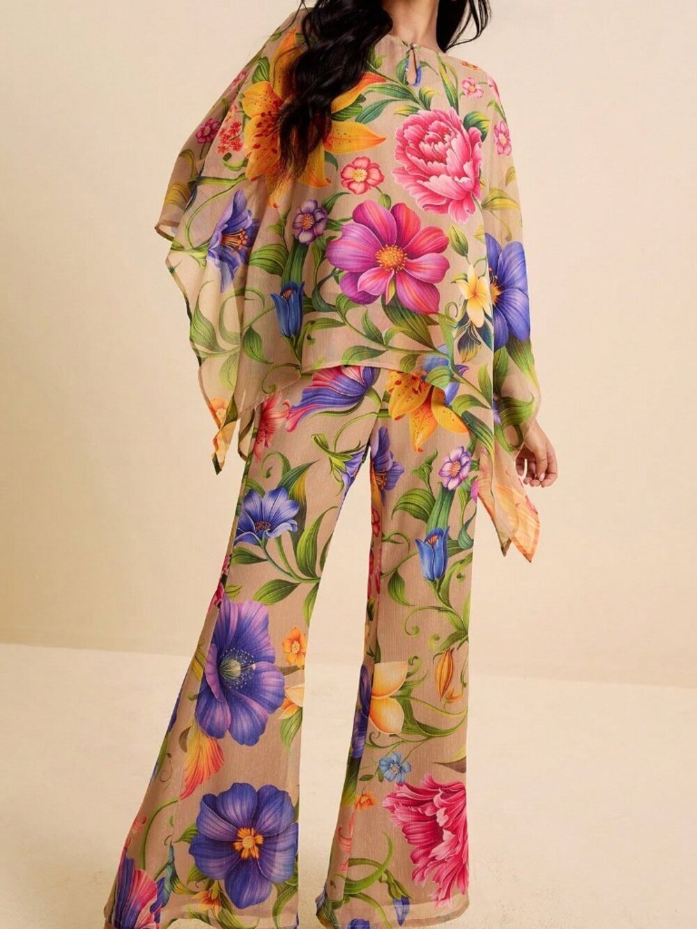 Khaki Boho Women's Tropical Floral Printed Blouse and Pants 2-Piece Set